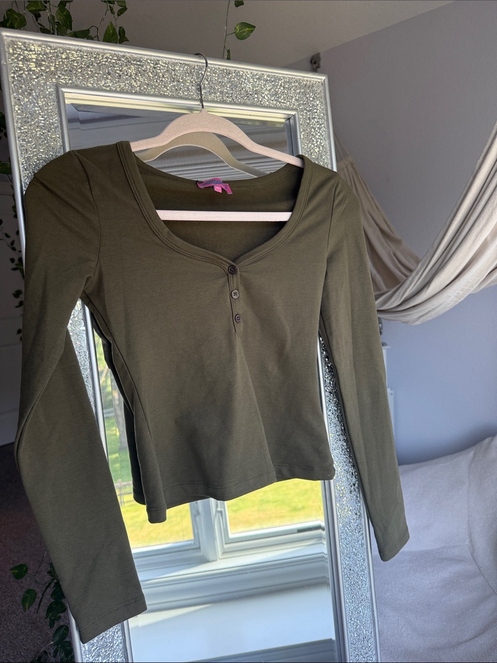 Edikted Olive Green Scoop Neck Henley Long Sleeve Top